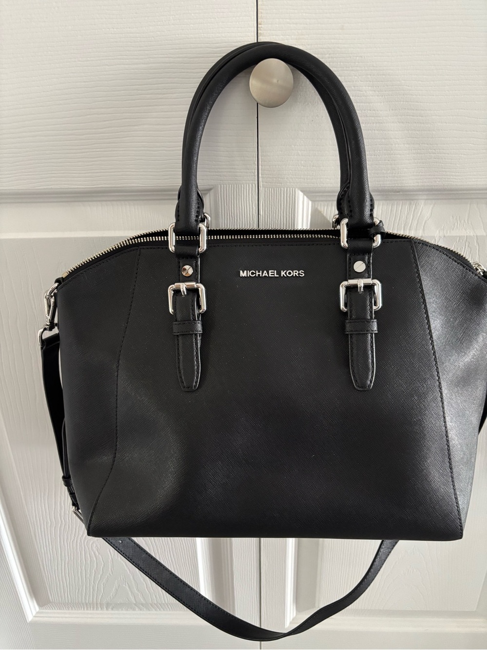 Michael Kors Black Leather Dome Satchel with Silver Hardware